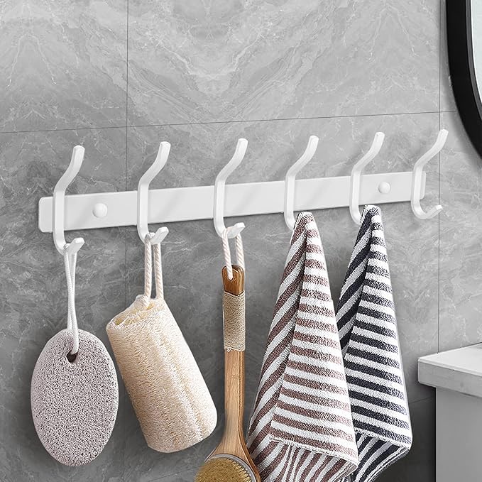 HAMUTH White Wall Hooks Heavy Duty, 17 Inch Coat Hooks Wall Mount with 6 Hooks,2 Packs Wall Hooks Hangers for Entryway, Bathroom - for Hanging Backpack, Bag, Coat, Purse, Hat, Towel, Clothes