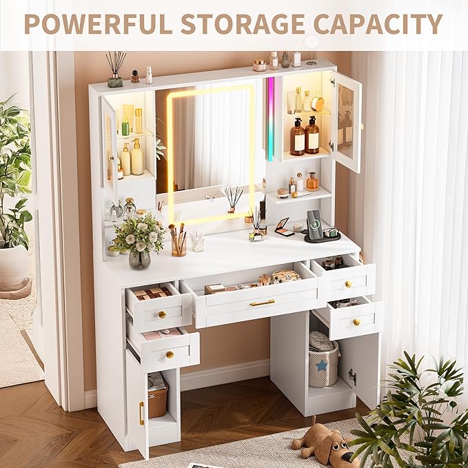 KAMABOKO Vanity Desk with Mirror & RGB Lights & Power Outlet, Large Makeup Vanity Table with 5 Drawers and 4 Storage Cabinets, Dressing Table for Bedroom Dressing Room (White)