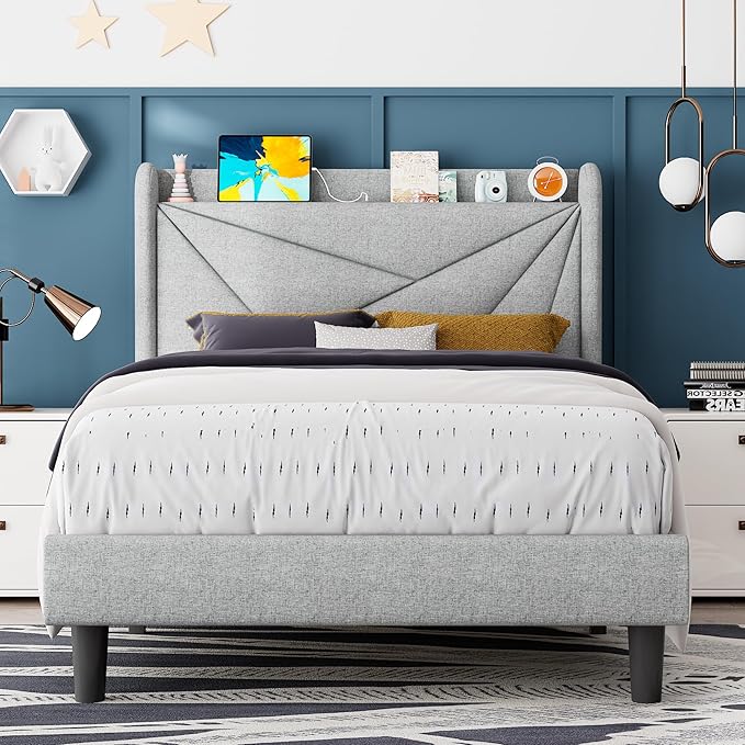 Feonase Twin Bed Frames, Upholstered Bed Frame with Charging Station, Wingback Storage Headboard, No Box Spring Needed, Noise-Free, Light Gray