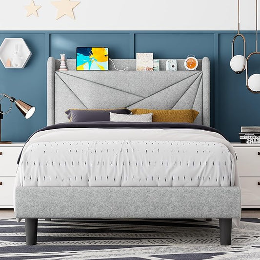 Feonase Twin Bed Frames, Upholstered Bed Frame with Charging Station, Wingback Storage Headboard, No Box Spring Needed, Noise-Free, Light Gray