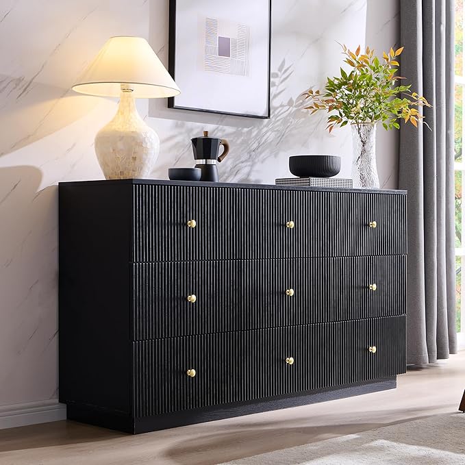Fluted Dresser for bedroom, 55"W Black 9 Drawer Dressers, Wood Tall Dresser Storage Organizer, Modern Bedroom Chest of Drawers with Deep Storage for Closet Hallway, Entryway, Living Room Black