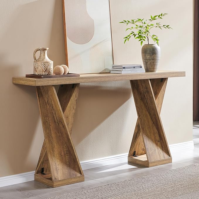 OKD Modern Entryway Table, 63" Twisted Console Table with Wood Pedestal, Farmhouse Sofa Table with Storage, Rustic Entry Table Tor Living Room, Entryway, Hallway, Golden Rustic Barnwood