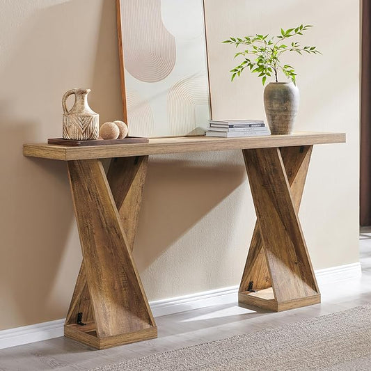OKD Modern Entryway Table, 63" Twisted Console Table with Wood Pedestal, Farmhouse Sofa Table with Storage, Rustic Entry Table Tor Living Room, Entryway, Hallway, Golden Rustic Barnwood