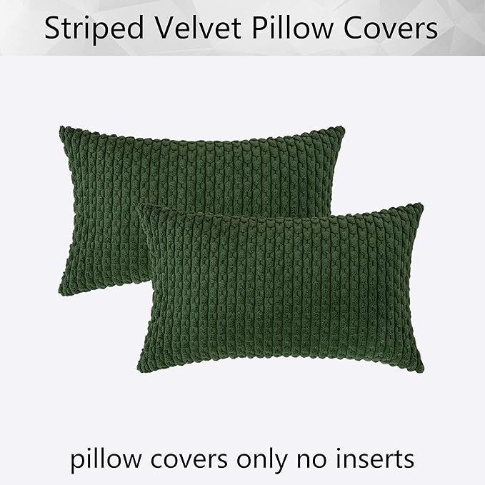 Kevin Textile Throw Pillow Covers 12x20 inch Soft Striped Decorative Cushion Cases with Hidden Zipper for Couch Sofa Bed 2 Pieces Dark Green