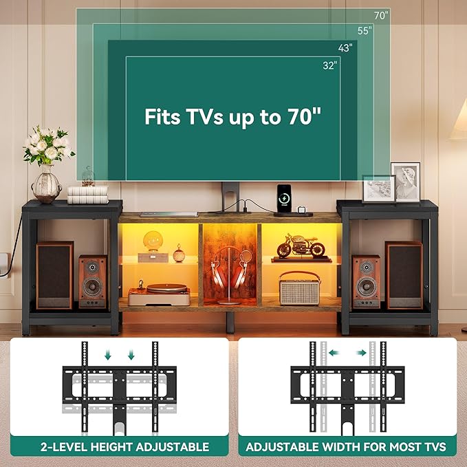 YITAHOME TV Stand with Mount for Living Room, TV Stand for 70inch TV with Power Outlet & LED Lights, LED Entertainment Center, Gaming TV Console Cabinet, Rustic Brown & Black
