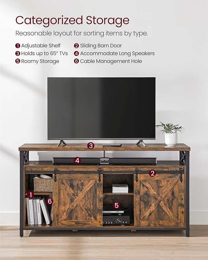 VASAGLE TV Stand for 65 Inch TV, Entertainment Center, TV Table and Console, TV Cabinet with Adjustable Shelves, Industrial Design, Rustic Brown and Black ULTV071B01