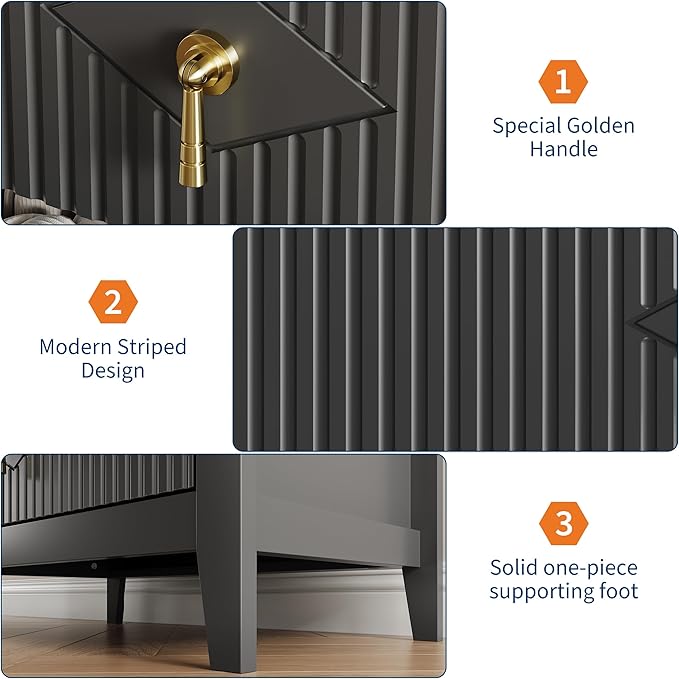 GarveeHome 2Pcs Wood Nightstand Fluted Dresser for Bedroom, 27.5" Wide 3-Drawer Bedside Tables, Modern Chest of Drawers, Storage End Table Living Room, Hallway, Entryway, Black