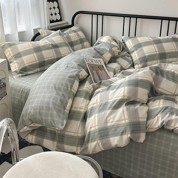 mixinni Queen Comforter Set Green Geometric Checkered Plaid Bedding Comforter Set Men Boys Modern Style All Season Soft Fluffy Lightweight Bedding Set-Queen Size