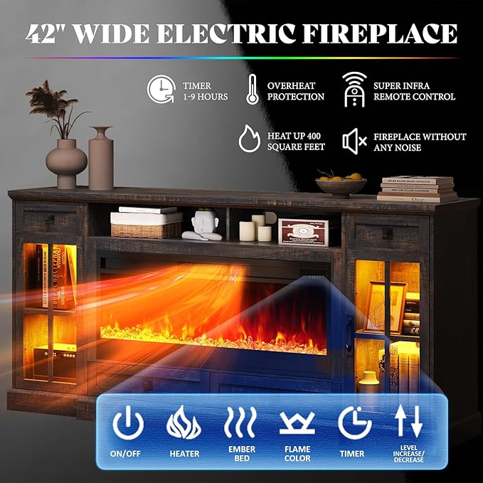 AMERLIFE 70“ Fireplace TV Stand for 80 Inch TV, Farmhouse TV Stand with 42" Fireplace & LED Lights, Entertainment Center with Storage Drawers & Cabinets, Dark Rustic Oak