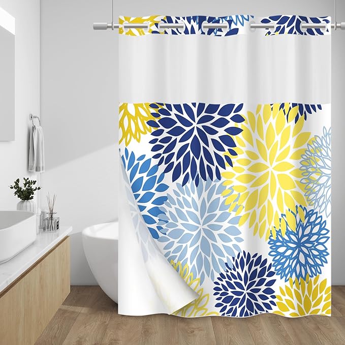 No Hook Shower Curtain with Snap in Liner - Dahlia Floral Shower Curtain - Fabric Waterproof Inner Liner, Plants Yellow Navy Blue Flowers Cloth Shower Curtains - Machine Washable, 71 x 74