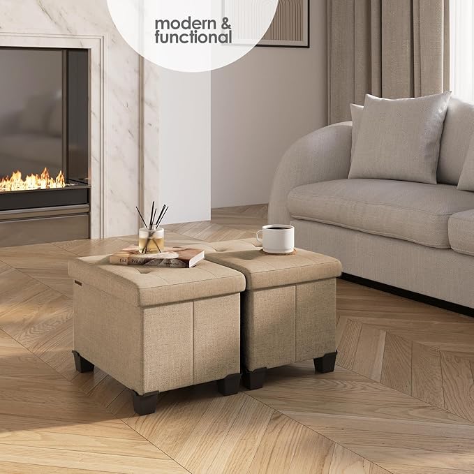 STORAGEBUD Storage Ottoman Cube with Small Bin, 16-in Square Ottoman with Storage for Living Room and Bedroom, Small Ottomans Foot Rest, Fabric Foot Stools Ottomans Max 330lbs, Taupe