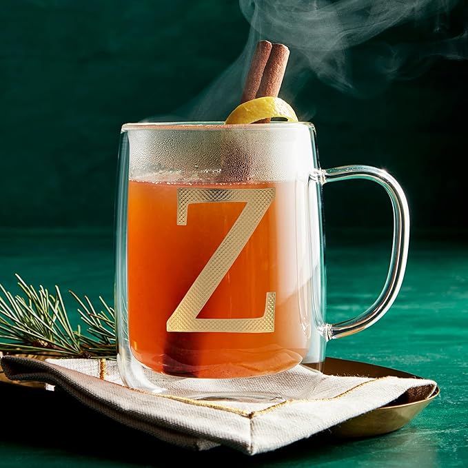 COLLECTIVE HOME - Double Walled Glass Coffee Mugs, Insulated Coffee Mug with Handle, Personalized Gifts for Women, Men, Christmas, 14 oz Monogram Cups (Z)