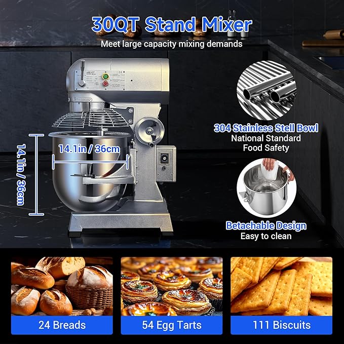 30Qt Commercial Food Mixer with Timing Function,1250W Commercial mixer 3-Speed Adjustable Heavy Duty, Electric Stand Food Mixer with Stainless Steel Bowl for Bakery Pizzeria. (Standard)