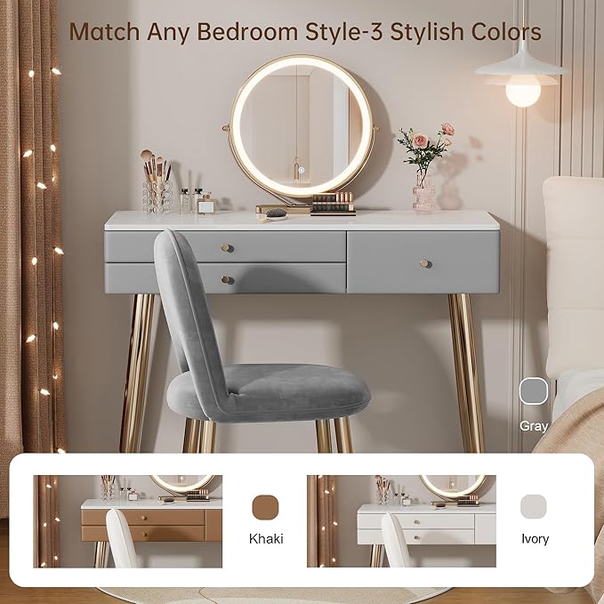 Modern Vanity Desk with Mirror and Lights, 39" Gray Makeup Vanity Set with Adjustable Chair & Drawers, White and Gold Dressing Table for Small Spaces & Bedroom