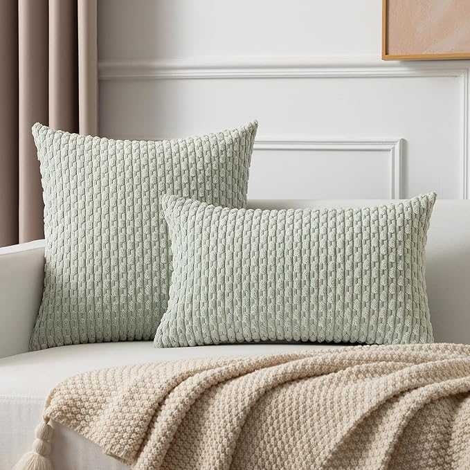 Kevin Textile 2 Packs Light Green Decorative Throw Pillow Covers 20x20 Inch for Living Room Couch Bed Sofa Spring Soft Striped Corduroy Square Cushion Case 50x50 cm Rustic Farmhouse Boho Home Decor