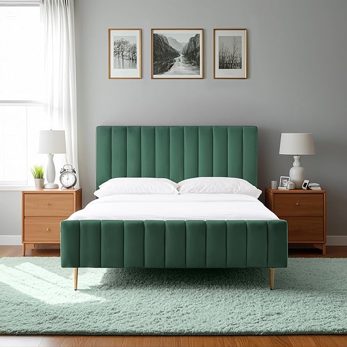 Livinia Full Size Elton Velvet Platform Bed, Upholstered Bed Frame with Vertical Channel Tufted Headboard Footboard, Strong Wood Slats, No Box Spring Needed, Green (Full)