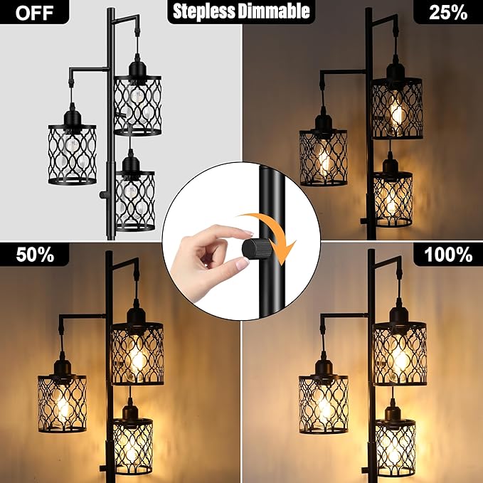 Dimmable Farmhouse Floor Lamp, Industrial Floor Lamp for Living Room with 3 X 6W LED Bulbs, 3 Light Rustic Standing Tall Lamp for Bedroom, Office, 68"