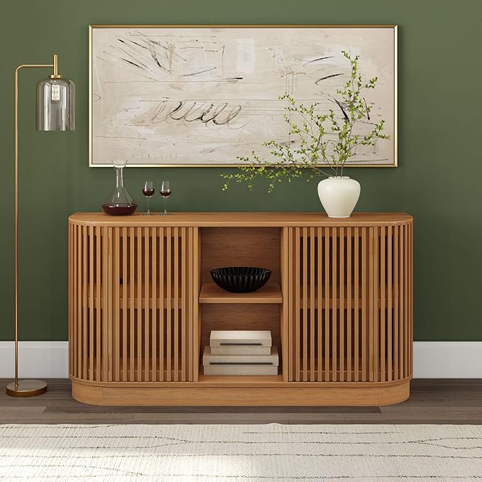 Plank+Beam Contour Wood TV Stand, Two Door Solid Wood Entertainment Console with Storage, 59" L x 16" W x 30" H, Pecan