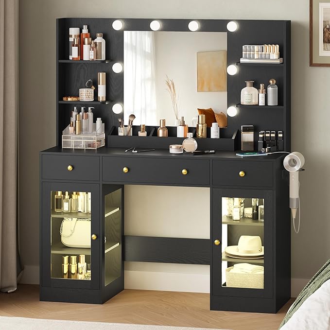 Large Vanity Desk with Mirror and Lights, Makeup Vanity with Mirror and LED Lights, RGB Cabinet & 3 Drawers, Makeup Desk with Storage Shelves, 3 Color Modes Dressing Table for Girls Bedroom, Black
