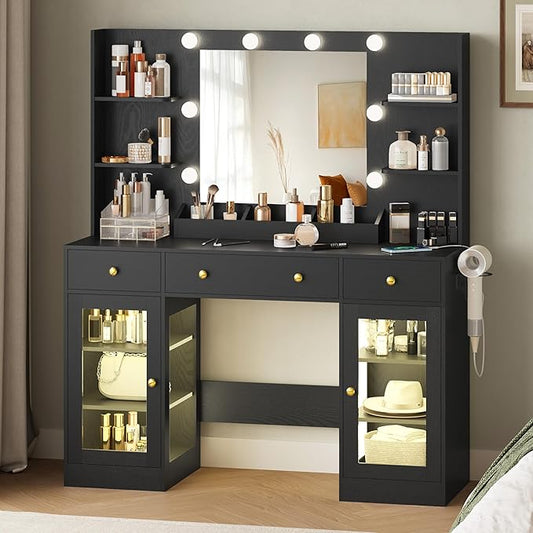 Large Vanity Desk with Mirror and Lights, Makeup Vanity with Mirror and LED Lights, RGB Cabinet & 3 Drawers, Makeup Desk with Storage Shelves, 3 Color Modes Dressing Table for Girls Bedroom, Black
