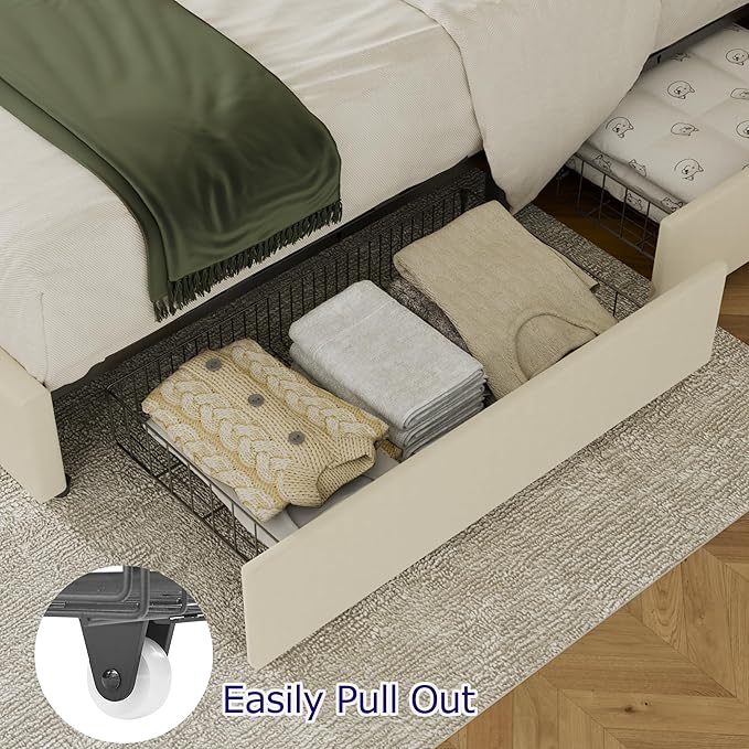 VECELO Queen Size Bed Frame with 4 Storage Drawers, Adjustable Height Headboard, Heavy-Duty Platform Bedframe with Strong Wooden Slats, No Box Spring Needed, Pale Beige