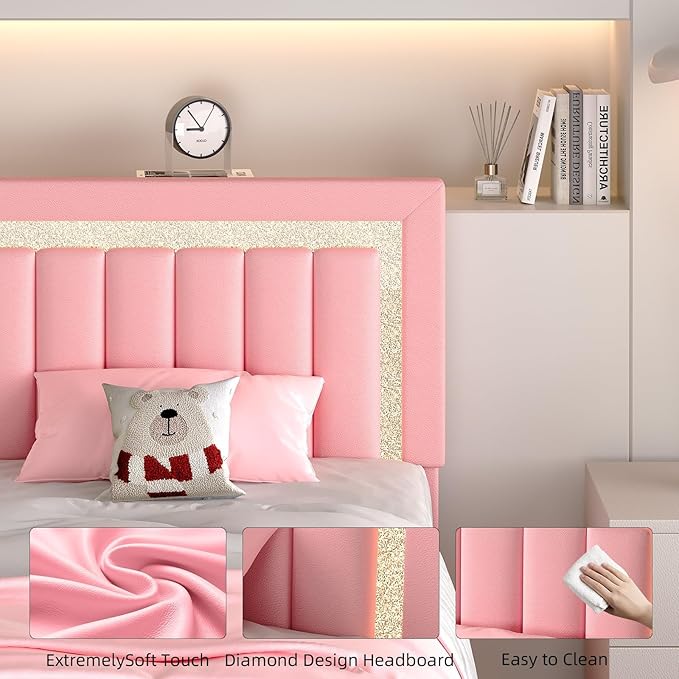 HOMBCK Floating Twin Bed Frame with Smart LED Lights, Faux Leather Upholstered Platform Bed with Diamond Headboard, No Box Spring Needed, Noise-Free, Easy Assembly, Pink