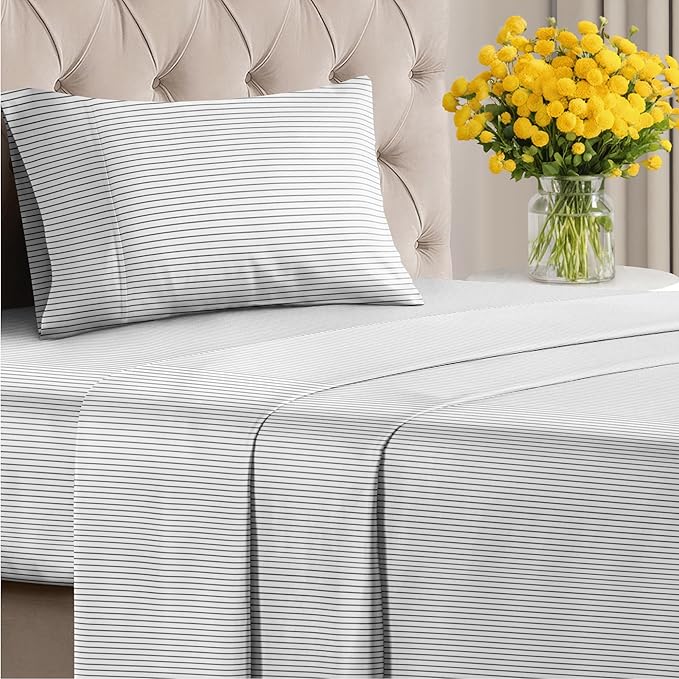 Striped Sheets - Black & White Striped Sheets - 1 Flat & 1 Fitted & 1 Pillowcase w/ Deep Pockets – Wrinkle & Fade Resistant - Soft, Breathable & Cooling – Luxury Pinstripe Bedding - Twin Size Bed Set
