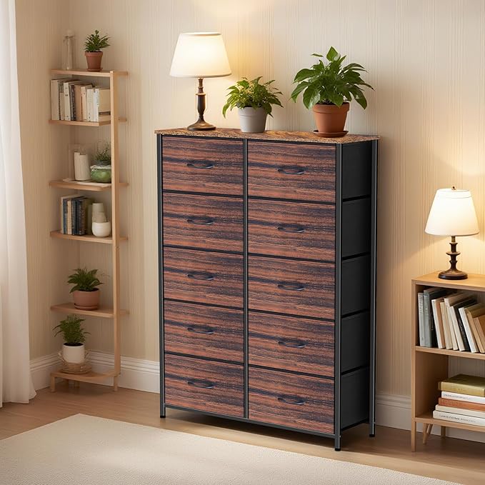 Dresser for Bedroom with 10 Drawers, Chest of Drawers, Storage Drawers Organizer Unit, Grey Wide Fabric Dresser with Fabric Bins for Closet, Living Room, Entryway (Brown and Rustic Brown)