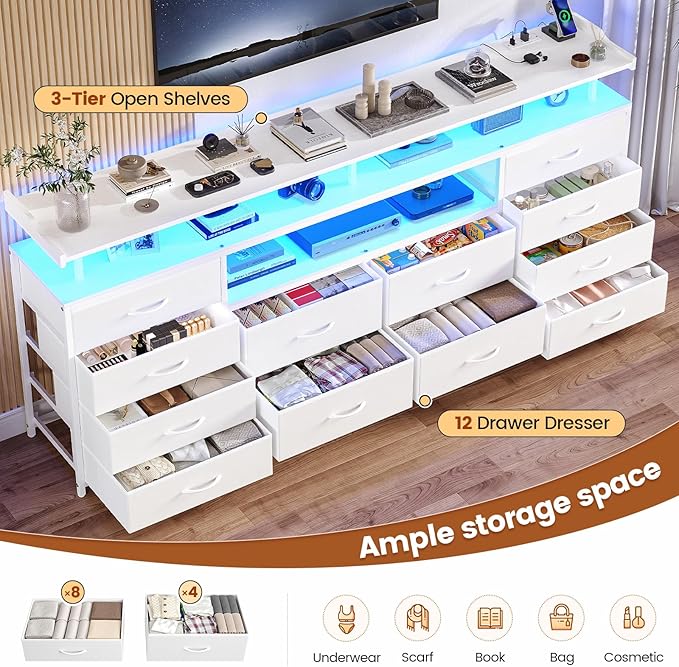 12 Drawers TV Stand Dresser for 65/70 inch TV, Entertainment Center with LED Lights & Power Outlets, 63" Large LED TV Stand, TV Console for Bedroom