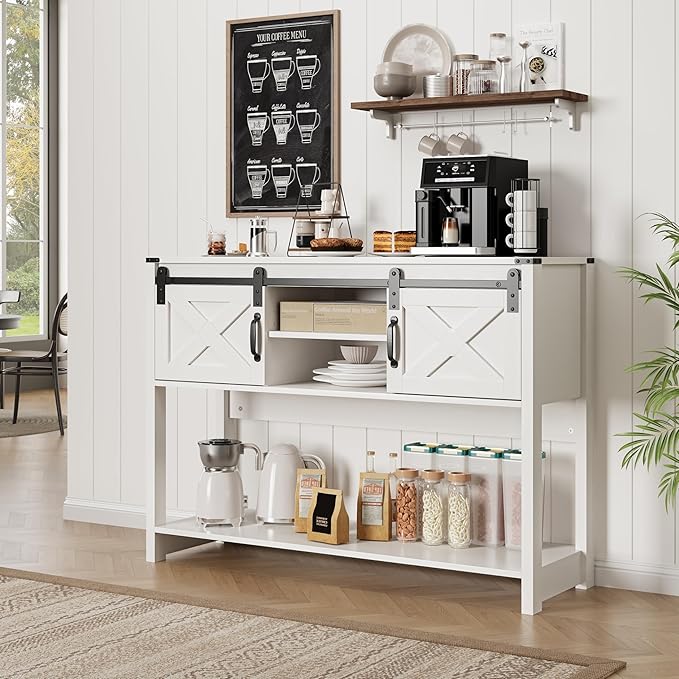 Console Table with Storage Shelf & Sliding Barn Door, Farmhouse Entryway Table with Storage, 46" Narrow Long Sofa, Behind Couch, Console Tables for Living Room (White)