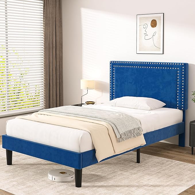VECELO Twin Size Platform Bed Frame with Adjustable Upholstered Headboard, Modern Mattress Foundation, Strong Wood Slat Support, No Box Spring Needed, Easy Assembly
