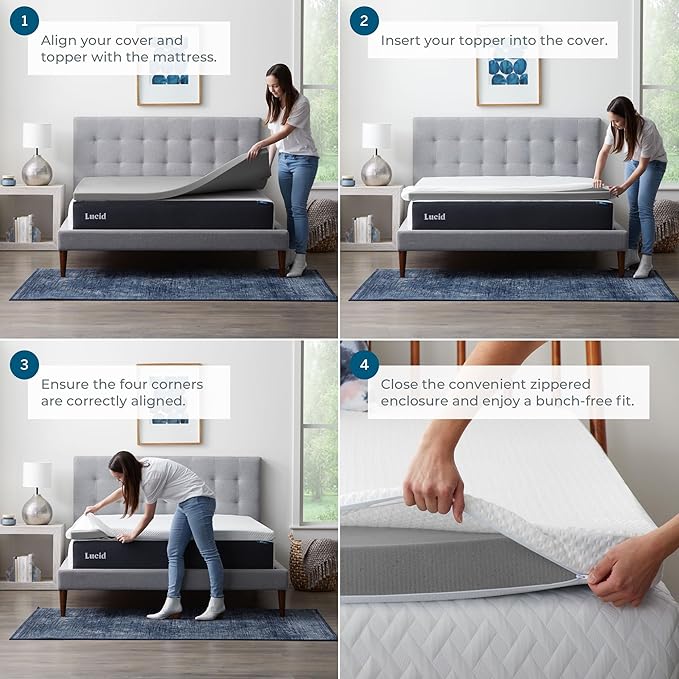 Lucid 3 Inch Bamboo Charcoal Topper and Lucid Zippered Enclosure Mattress Topper Cover, California King