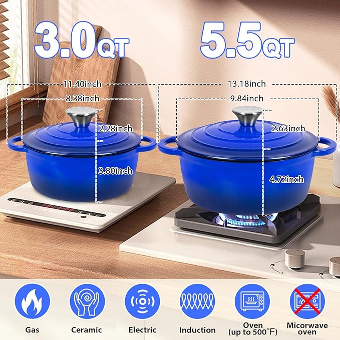 Romswi Enameled Cast Iron Dutch Oven Set - 3qt & 5.5qt Dual Combo - 7-Layer Professional Grade Dutch oven pot with lid - Oven Safe for Braising, Stews, Roasting, Bread Baking - Blue Bread Dutch Oven