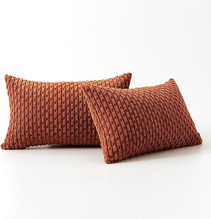 Kevin Textile Pack of 2 Fall Corduroy Decorative Throw Pillow Covers 12x20 Inch Soft Boho Striped Pillow Covers Modern Farmhouse Home Decor for Sofa Living Room Couch Bed Rust