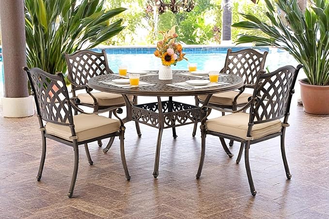 5 Piece Outdoor Dining Set Cast Aluminum, Retro Patio Dining Furniture Set for 4 Includes 54’’ Round Table 4 Chairs with Thicker Cushion and Umbrella Hole for Patio Deck Garden