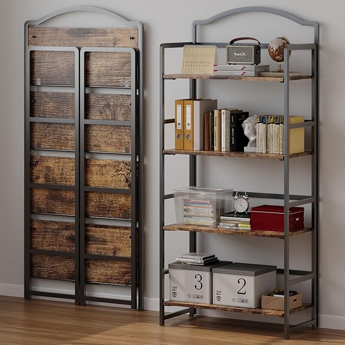 JSB No Assembly Folding Bookshelf, 4 Tier Book Shelf for Storage, Vintage Wood Foldable Bookcase for Living Room, Bedroom, Office Organization Shelves