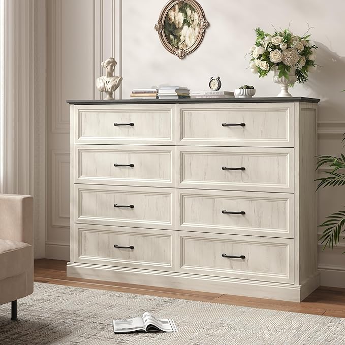 Farmhouse Dresser and Nightstand Sets 3 Piece, Nightstands Set of 2 & 8 Drawers Dresser for Bedroom, 55" Wide and 24" Inch Night Stand Set for Bedroom, Living Room, Hallway, White