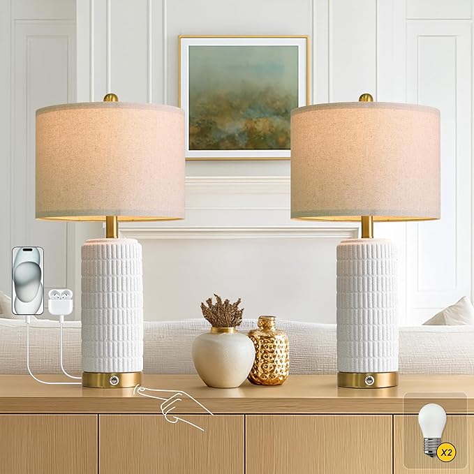 PoKat Touch Bedside Table Lamps with USB Ports for Bedroom, 25'' Dimmable Nightstand Touch Lamps for Night Stands, White Ceramic Lamps with Gold Base for Living Room End Side Table, Frosted White