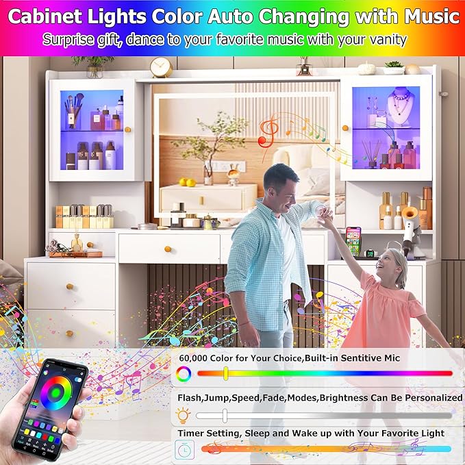 Big Vanity, Modern Wood Makeup Vanity Desk with Mirror and Sound Sync LED Lights, Large Vanity Dressing Table, 8 Drawers, 2 Glass Cabinets, with Charging Station for Girls, Women