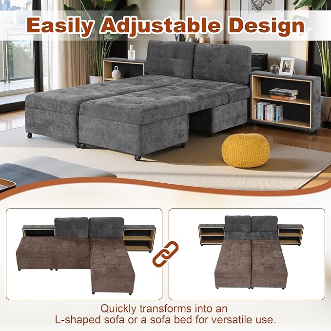 121.2" Sectional Couch, Versatile Sofa Bed Modular Sofa with Two Storage Racks, Sectional Couches for Living Room and Office, Dark Grey