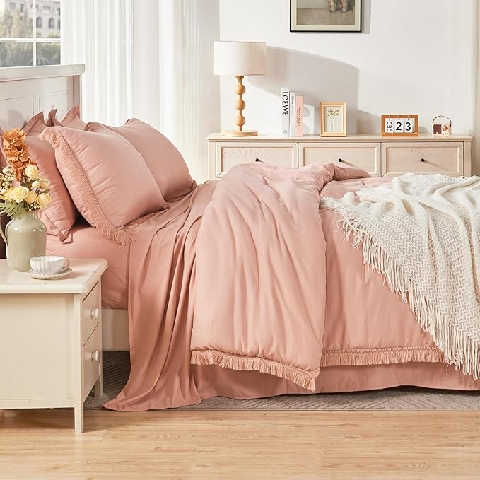 Andency Pink Queen Size Comforter Set with Sheets - 7 Pieces Boho Tassel Bed in a Bag Soft Lightweight Bedding Sets, Pink Fringe Bed Set with Comforter, Sheets, Pillowcases & Shams