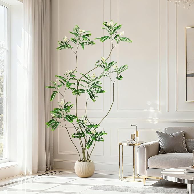 Artificial Locust Tree：6FT Faux Black Locust Floor Plant with White Flowers Small Round Silk Leaves & Elegant Branches in Beige Ribbed Planter for Indoor Home Office Decor Hotel Patio Studio