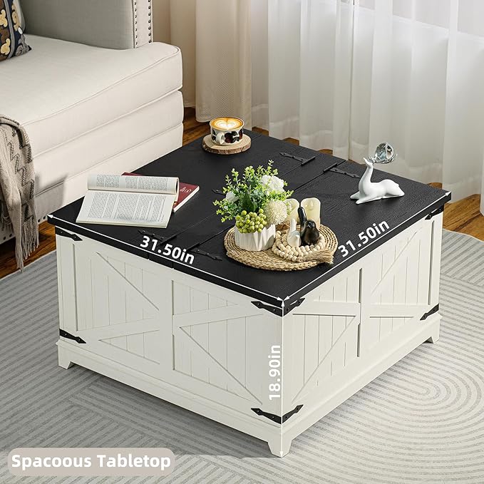 Farmhouse Coffee Table Sets 2 Pieces, Large End Side Tables with Charging Station and Coffee Table with Hidden Storage Compartment, Black Living Room Table Set, Wood Furniture Sets for Home Office