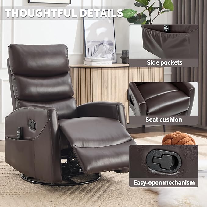 PELUMY Massage Recliner Chair with Heat - Manual Rocker Swivel Recliner, 360° Rotation & 155° Recline for Living Room（Breathable Leather, Brown）