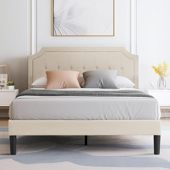VECELO Full Size Platform Bed Frame with Fabric Upholstered Headboard and Wooden Slats Support, No Box Spring Needed/Easy Assembly,Beige
