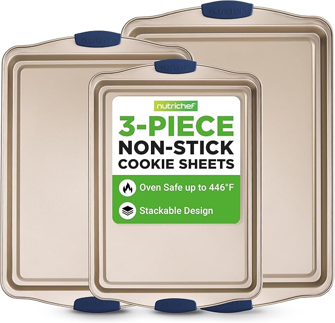 NutriChef 3-Piece Nonstick Bakeware Set - Premium Carbon Steel Oven Baking Trays w/Blue Silicone Handles - Small, Medium & Large Cookie Sheet Pans - PFOS, PFOA, PTFE-Free, Easy to Clean