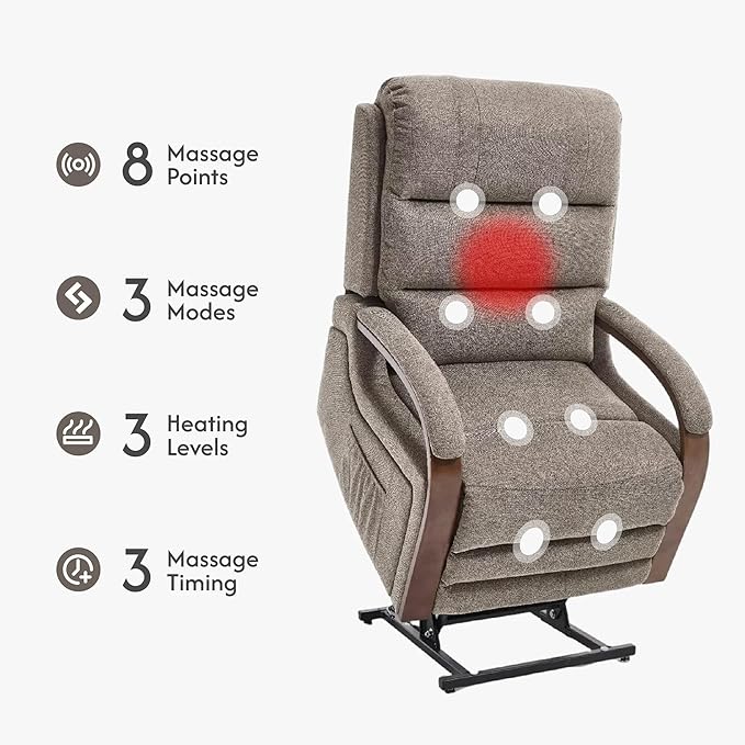 FLEXISPOT Dual Motor Power Lift Recliner Chair for Elderly, Electric Lay Flat Reclining Chair with Massage & Heat, Side Pockets, Fabric Single Sofa for Living Room,Light Brown