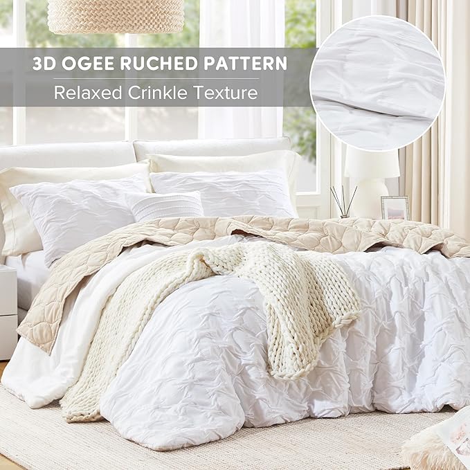 Comfort Spaces Comforter for Queen Size Bed, Ogee Ruched with Crinkle Texture, Breathable Comforter Set Queen, All Season Lightweight Bedding Set, Shams, Décor Pilow, Full/Queen White 4 Piece