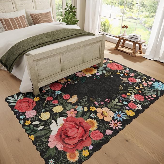 Floral Washable 6'x9' Area Rugs for Bedroom, Soft Lightweight Rug for Living Room Non Slip Dining Room Black Rug, Stain Resistant Boho Vintahe Easy Clean Throw Carpet for Office