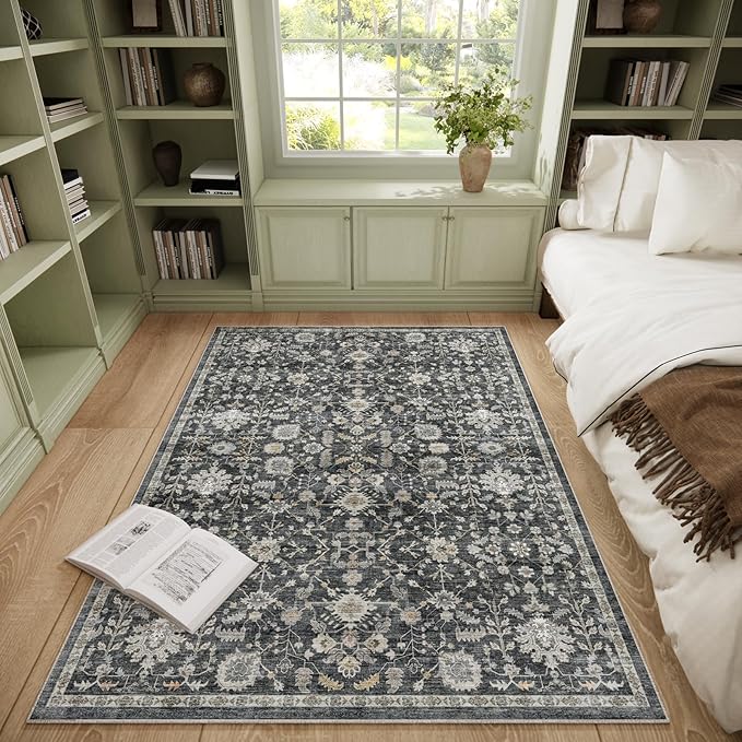 Washable Area Rugs 5'x7' Non-Slip Vintage Boho Distressed Fade Resistant Low Pile Carpet for High-Traffic Living Room, Bedroom & Dining Room